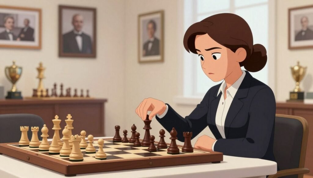 A female chess champion, inspired by Judit Polgar's legendary style, seated at a sleek modern chessboard in a bright, well-lit room. In the foreground, the focus is on her poised hand delicately moving a chess piece, showcasing determination. The middle ground features a dynamic chess game in progress, with pieces artfully arranged to indicate a tense strategy. The background includes tasteful decor relating to chess history, such as framed photographs and trophies, subtly illuminated by soft ambient light, creating a warm atmosphere. The scene captures a moment of concentration and intellect. The overall mood is professional and inspiring, highlighting the significance of women in chess. The image is styled to reflect the essence of the article, with a focus on determination and excellence. Debsie.com. A female chess champion, inspired by Judit Polgar's legendary style, seated at a sleek modern chessboard in a bright, well-lit room. In the foreground, the focus is on her poised hand delicately moving a chess piece, showcasing determination. The middle ground features a dynamic chess game in progress, with pieces artfully arranged to indicate a tense strategy. The background includes tasteful decor relating to chess history, such as framed photographs and trophies, subtly illuminated by soft ambient light, creating a warm atmosphere. The scene captures a moment of concentration and intellect. The overall mood is professional and inspiring, highlighting the significance of women in chess. The image is styled to reflect the essence of the article, with a focus on determination and excellence. Debsie.com.