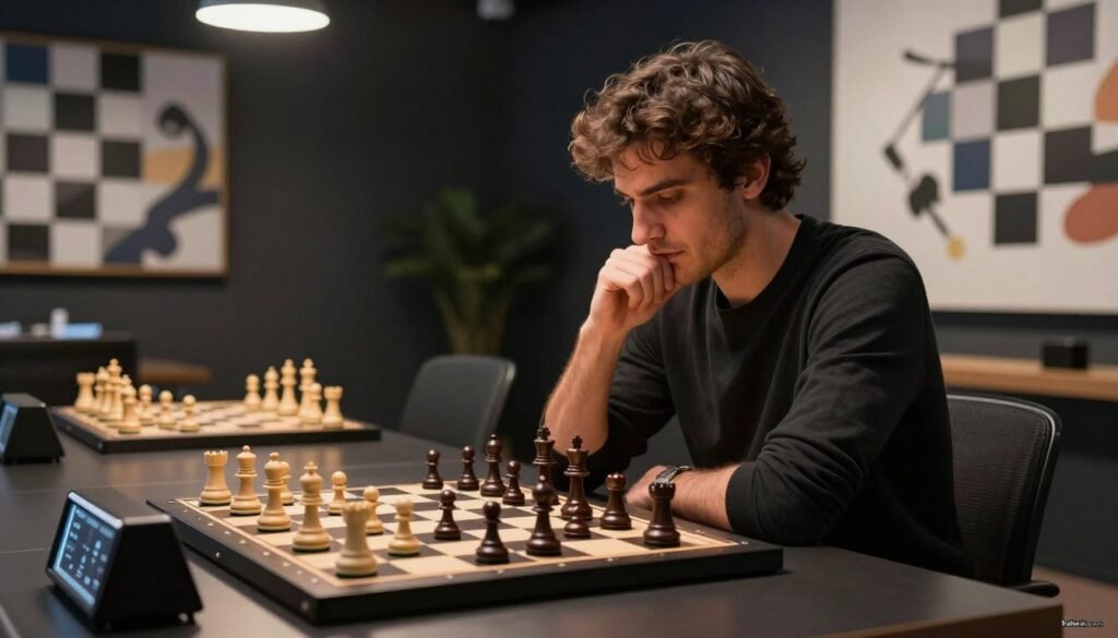 A focused and intense Fabiano Caruana is captured in a sleek, modern chess studio, deep in thought as he analyzes a complex chess position on a digital analysis board. In the foreground, a chess clock tick-tocks ominously, emphasizing the high-stakes nature of his calculations. The middle ground features a beautifully arranged chess set, each piece reflecting the warm light from overhead, creating a dramatic contrast. The background is filled with abstract chess-themed art, hinting at Caruana's rich history in the game. The ambiance is serious yet inspiring, with soft lighting casting gentle shadows. The image should evoke professionalism, precision, and an unwavering focus. Include subtle branding from Debsie.com in the corner, maintaining a clean aesthetic throughout.