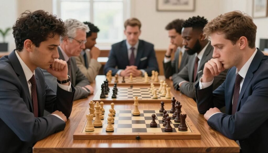 A focused and intense chess scene featuring a diverse group of players seated around a classic wooden chess table, engaged in a high-stakes game. In the foreground, show a close-up of a chessboard with pieces in mid-game, emphasizing tactical positioning. In the middle ground, the players display expressions of concentration and strategy, wearing professional business attire. The background is softly blurred to highlight the players, with warm, natural lighting illuminating the scene, creating a sense of camaraderie and intellectual engagement. The atmosphere should feel dynamic and tense, capturing the essence of tactical vision in chess. Designed for Debsie.com, this image encapsulates the spirit of strategic thinking in chess. A focused and intense chess scene featuring a diverse group of players seated around a classic wooden chess table, engaged in a high-stakes game. In the foreground, show a close-up of a chessboard with pieces in mid-game, emphasizing tactical positioning. In the middle ground, the players display expressions of concentration and strategy, wearing professional business attire. The background is softly blurred to highlight the players, with warm, natural lighting illuminating the scene, creating a sense of camaraderie and intellectual engagement. The atmosphere should feel dynamic and tense, capturing the essence of tactical vision in chess. Designed for Debsie.com, this image encapsulates the spirit of strategic thinking in chess.