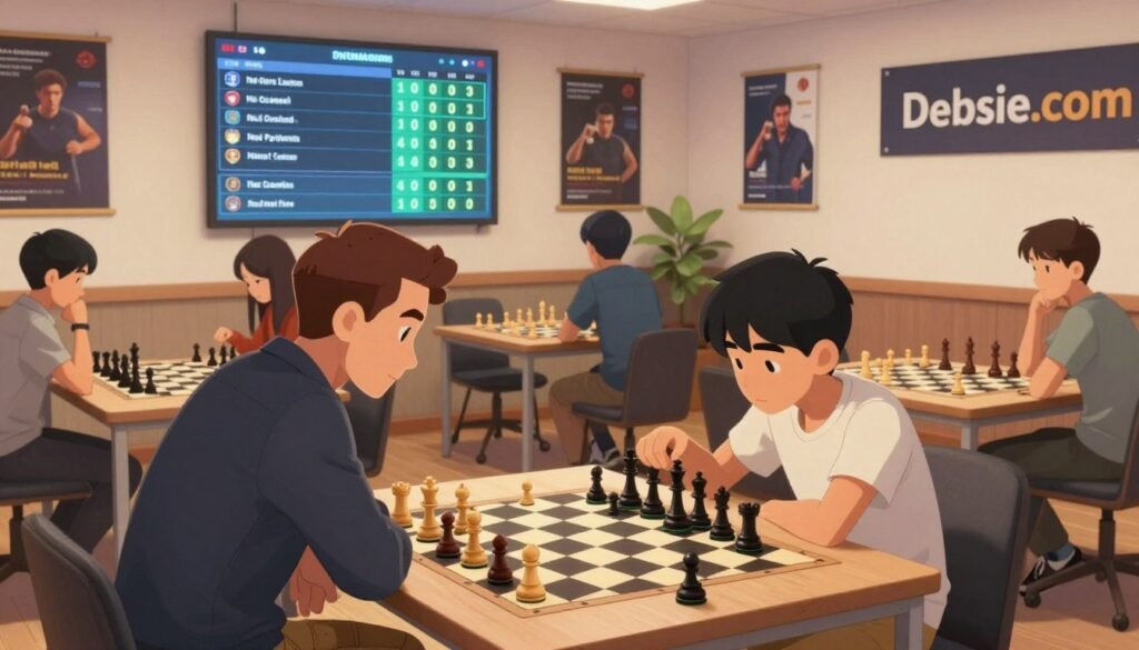 A focused and professional chess training environment featuring a diverse group of individuals engaging in bullet chess strategies. In the foreground, a chess coach in smart casual attire teaches a younger player, both deeply concentrating on the game. In the middle, a digital leaderboard displays top players' names and scores, illuminating the space with a soft glow. The background showcases a modern, well-lit room with chess boards and motivational posters related to bullet chess tactics, emphasizing an energetic and competitive atmosphere. The scene is bathed in warm, inviting lighting to create an encouraging mood. Include a subtle branding element that features "Debsie.com" on a wall banner, highlighting the essence of training and improvement. A focused and professional chess training environment featuring a diverse group of individuals engaging in bullet chess strategies. In the foreground, a chess coach in smart casual attire teaches a younger player, both deeply concentrating on the game. In the middle, a digital leaderboard displays top players' names and scores, illuminating the space with a soft glow. The background showcases a modern, well-lit room with chess boards and motivational posters related to bullet chess tactics, emphasizing an energetic and competitive atmosphere. The scene is bathed in warm, inviting lighting to create an encouraging mood. Include a subtle branding element that features "Debsie.com" on a wall banner, highlighting the essence of training and improvement.