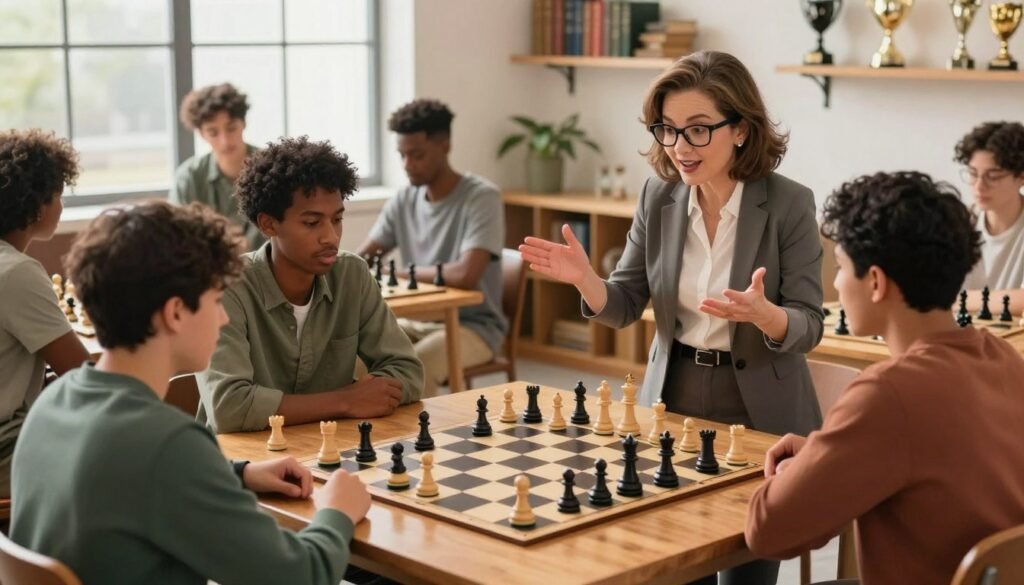 A focused and vibrant scene featuring a diverse group of chess players gathered around a well-lit wooden chess table. In the foreground, a friendly, professional-looking instructor, representing Debsie.com, guides a mixed group of attentive learners, each engaged with their chess boards. The instructor, a middle-aged woman with glasses and business-casual attire, explains strategies with animated gestures. In the middle ground, chess pieces are set up for rapid play, showcasing intense focus among learners, who are a blend of genders and ethnicities. Bright, warm lighting filters in from a nearby window, creating an inviting atmosphere. The background subtly suggests a cozy chess club environment with shelves of chess books and trophies, enhancing the learning ambiance. A focused and vibrant scene featuring a diverse group of chess players gathered around a well-lit wooden chess table. In the foreground, a friendly, professional-looking instructor, representing Debsie.com, guides a mixed group of attentive learners, each engaged with their chess boards. The instructor, a middle-aged woman with glasses and business-casual attire, explains strategies with animated gestures. In the middle ground, chess pieces are set up for rapid play, showcasing intense focus among learners, who are a blend of genders and ethnicities. Bright, warm lighting filters in from a nearby window, creating an inviting atmosphere. The background subtly suggests a cozy chess club environment with shelves of chess books and trophies, enhancing the learning ambiance.