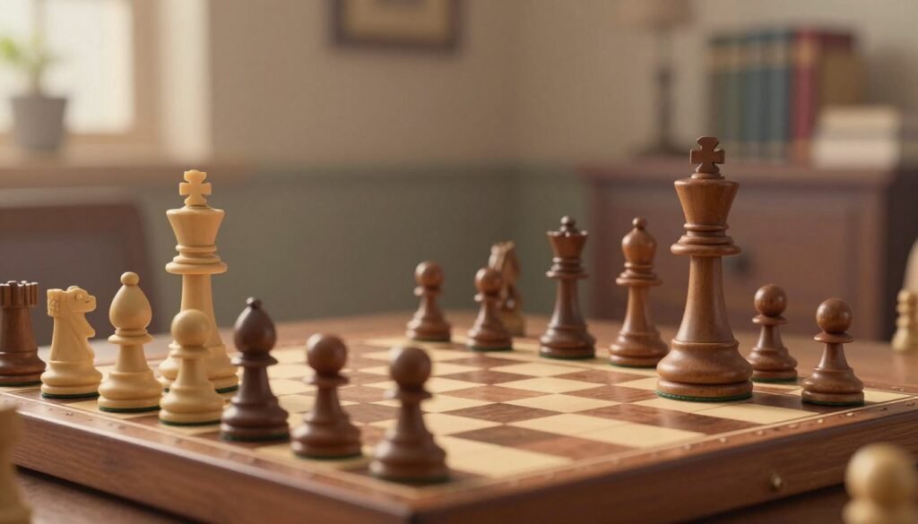 A focused chess endgame scene featuring two kings strategically positioned on an elegant wooden chessboard, with pawns and minor pieces subtly surrounding them. The foreground highlights the intense concentration of the game, showcasing a king advancing confidently, while the opposing king remains vigilant in defense. Soft, natural lighting illuminates the scene, creating a warm and inviting atmosphere. In the middle ground, blurred chess pieces signify a tense yet calculated activity, while in the background, a faint silhouette of a calm room filled with books reflects the intellectual nature of chess strategy. The angle captures the tactical importance of king movement, symbolizing mastery in endgame technique. Image by Debsie.com.
