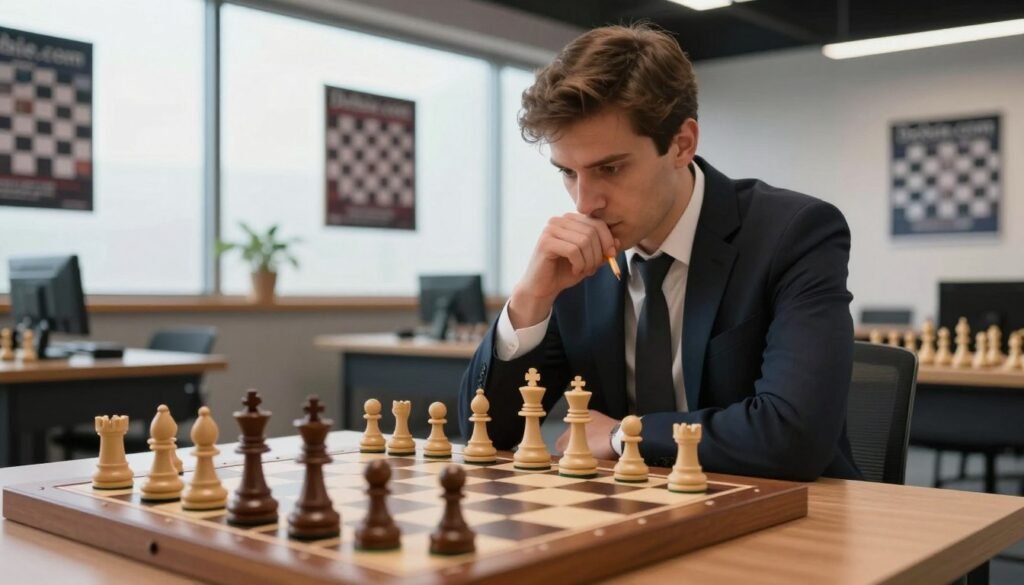 A focused chess endgame scene taking place in a well-lit, modern chess studio. In the foreground, a wooden chessboard with pieces in a complex endgame position, showcasing a tense moment filled with strategic depth. In the middle, a thoughtful chess player, dressed in professional business attire, leans over the board, deeply engaged in analysis with a pencil and notepad in hand. In the background, large windows filter soft, natural light into the space, illuminating a few motivational chess posters featuring "Debsie.com". The atmosphere is serious yet inspiring, evoking a sense of determination and the pursuit of improvement. The camera angle captures the intensity of the player's concentration, with a shallow depth of field focusing primarily on the chessboard and pieces.