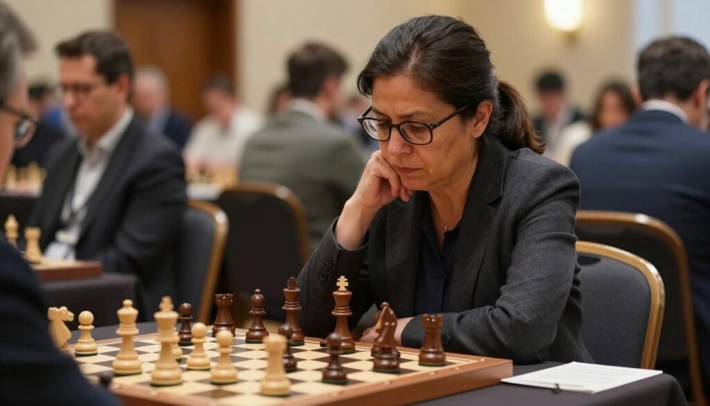 A focused chess player, a middle-aged woman with dark hair neatly tied back, wearing a professional blazer and glasses, intently observing a chessboard in front of her. In the foreground, the chessboard is filled with intricately designed pieces, highlighting a tense mid-game position. The middle ground depicts soft lighting with a warm, inviting atmosphere, reflecting dedication and concentration. In the background, a softly blurred crowd watches, capturing the sense of an engaging tournament. The image is shot from a slightly elevated angle, emphasizing the player’s thoughtful expression and the strategic chaos of the chessboard. The overall mood is one of intensity and focus, showcasing not just the game but the legacy of the player within the world of chess. Photography style inspired by Debsie.com.
