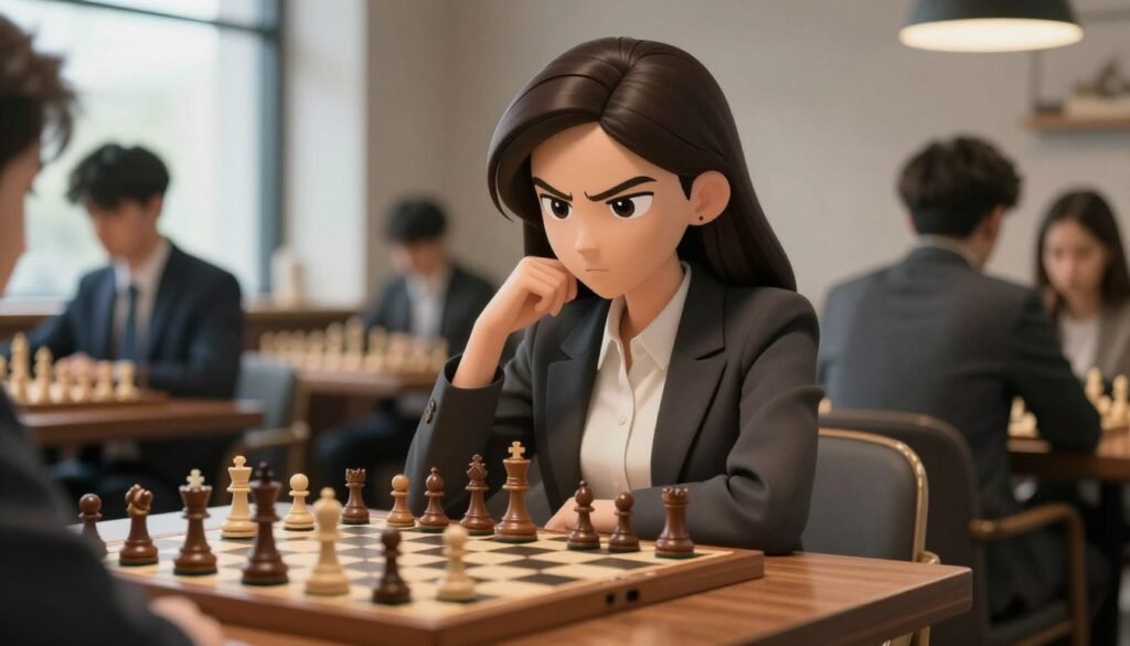 A focused chess player, a young woman with an intense gaze, captured mid-game at a polished wooden chess table. She is dressed in stylish yet professional business attire, reflecting confidence and concentration. The foreground features a well-arranged chessboard with intricate pieces, highlighting her strategic mindset. In the middle, soft natural light illuminates her determined expression, accentuating her tactical posture. The background is blurred, showing a contemporary, elegant chess club ambiance, with other players in muted tones to emphasize her as the main subject. The mood is one of quiet intensity and intellectual prowess, embodying the essence of a chess champion. Image by Debsie.com.