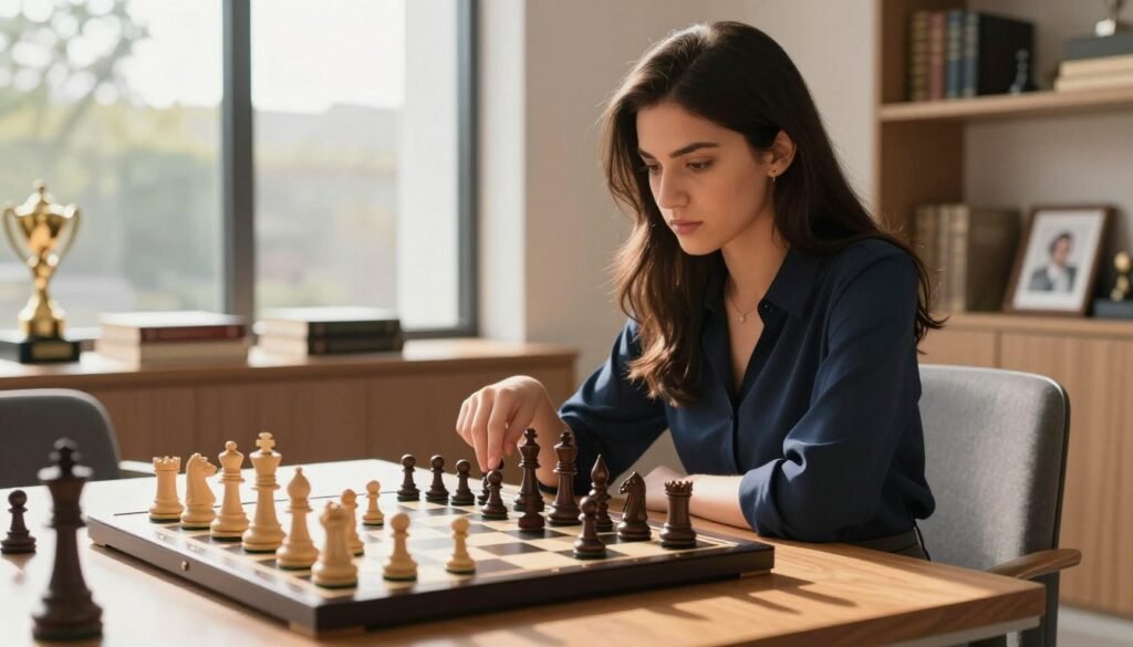 A focused chess player, a young woman with long dark hair, intensely analyzing a chessboard, sits in a modern, well-lit room with warm natural sunlight streaming through large windows. She wears a stylish navy blue blouse and tailored trousers, embodying a professional yet approachable demeanor. The foreground features the intricately designed chess pieces, with a few pieces mid-move, suggesting a high-stakes moment in the game. In the middle ground, a sleek chessboard is set atop a polished wooden table, with books and trophies subtly displayed. The background hints at a cozy study atmosphere with shelves of chess literature and framed photographs. The overall mood is one of concentration and passion for the game, inviting viewers into the world of chess. Debsie.com.