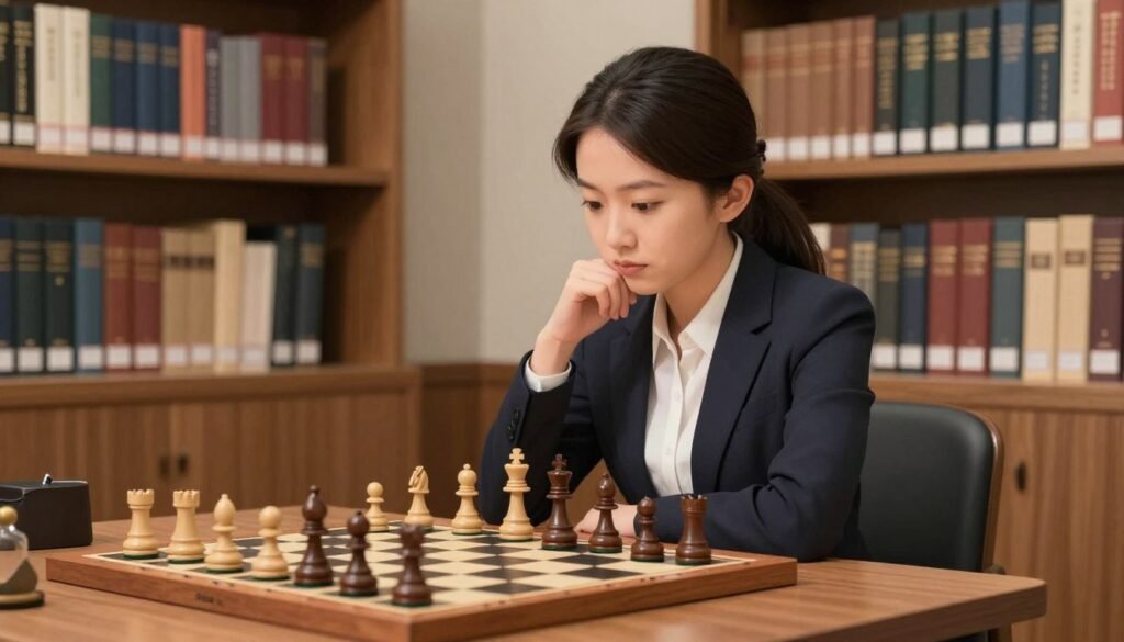 A focused chess player, an Asian woman in her late twenties, is seated at a wooden chess table, deep in thought. She is dressed in a smart, professional blazer and blouse, reflecting her academic background. In front of her, a chessboard displays an intense mid-game position with strategically placed pieces. The setting is a well-lit library with towering bookshelves filled with academic texts, symbolizing her intellectual pursuits at Peking University and Oxford. Soft, warm lighting accentuates her concentration, casting gentle shadows. The image is captured from an eye-level angle, conveying a sense of depth and engagement. The mood is contemplative and inspirational, implying her connection to education and chess strategy. The brand "Debsie.com" appears subtly in the scene.