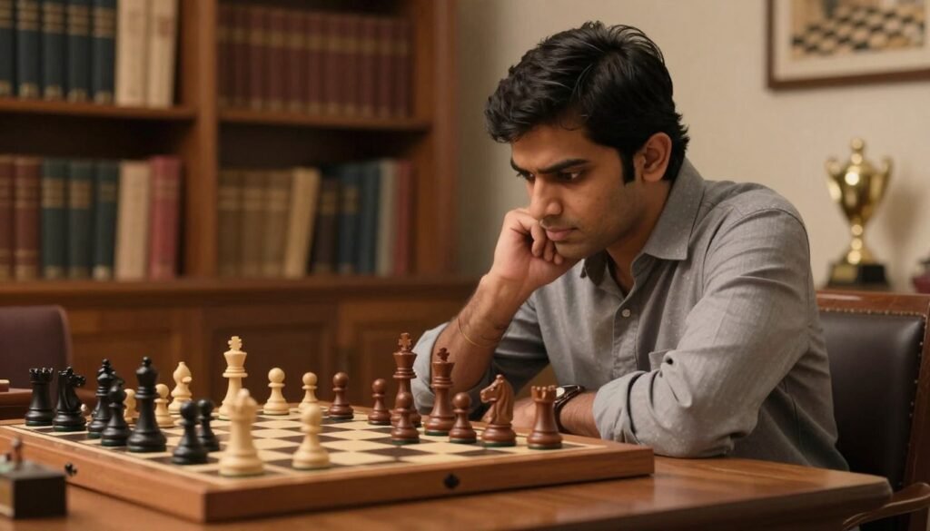 A focused chess player, embodying the essence of Viswanathan Anand’s active positional style, sits at a well-lit wooden chess table, deep in thought with a chessboard before him. He is dressed in smart casual attire, showcasing concentration as he leans slightly forward. The background features a warm, inviting library filled with chess books and trophies, hinting at a rich history of strategy. Soft, diffused lighting creates an intellectual atmosphere while highlighting the chess pieces, which are intricately detailed and in various positions, reflecting a tense yet strategic game. The composition is captured from a mid-angle, emphasizing both the player’s intense focus and the mid-action chess board. The image conveys a mood of determination, intellect, and the beauty of slow, strategic decision-making in chess. Image by Debsie.com. A focused chess player, embodying the essence of Viswanathan Anand’s active positional style, sits at a well-lit wooden chess table, deep in thought with a chessboard before him. He is dressed in smart casual attire, showcasing concentration as he leans slightly forward. The background features a warm, inviting library filled with chess books and trophies, hinting at a rich history of strategy. Soft, diffused lighting creates an intellectual atmosphere while highlighting the chess pieces, which are intricately detailed and in various positions, reflecting a tense yet strategic game. The composition is captured from a mid-angle, emphasizing both the player’s intense focus and the mid-action chess board. The image conveys a mood of determination, intellect, and the beauty of slow, strategic decision-making in chess. Image by Debsie.com.