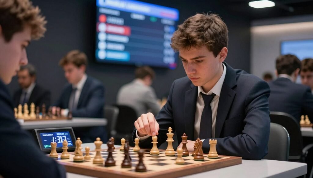 A focused chess player in a professional business suit intently analyzing a chessboard, showcasing endgame strategies, with a digital clock visible in the foreground highlighting time management. The setting is a softly lit, modern chess tournament hall with strategic lighting casting gentle shadows that accentuate the player’s concentration. Behind the player, a large scoreboard displays match scores, surrounded by a blurred audience, depicting a palpable atmosphere of tension and mental focus. The player’s expression radiates determination and insight, capturing the essence of endgame skill and time management. The overall mood is intense yet inspiring, emblematic of high-level chess competition. The image should have a shallow depth of field, creating a crisp focus on the player while softly blurring the background. Created for Debsie.com.