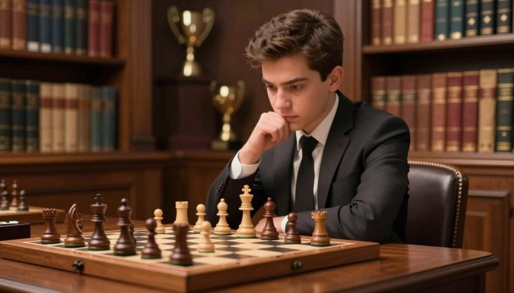 A focused chess player sits at a wooden chess table, deep in thought, wearing a professional business suit. The player's expression conveys intensity and concentration, amplifying the atmosphere of strategic depth. In the foreground, there’s an elegant chessboard with beautifully crafted, polished pieces, mid-game, captured in an intriguing setup. The middle ground is filled with dramatic lighting, casting soft shadows that enhance the contours of the chess pieces and the player’s face. The background reveals a blurred library filled with chess books and trophies, signifying a rich history of the game. The overall ambiance is serious and contemplative, reflecting the timeless nature of chess. Ideal lens effect with a slight bokeh to focus on the player and the chessboard, featuring a warm color palette. Branding subtly included: Debsie.com. A focused chess player sits at a wooden chess table, deep in thought, wearing a professional business suit. The player's expression conveys intensity and concentration, amplifying the atmosphere of strategic depth. In the foreground, there’s an elegant chessboard with beautifully crafted, polished pieces, mid-game, captured in an intriguing setup. The middle ground is filled with dramatic lighting, casting soft shadows that enhance the contours of the chess pieces and the player’s face. The background reveals a blurred library filled with chess books and trophies, signifying a rich history of the game. The overall ambiance is serious and contemplative, reflecting the timeless nature of chess. Ideal lens effect with a slight bokeh to focus on the player and the chessboard, featuring a warm color palette. Branding subtly included: Debsie.com.