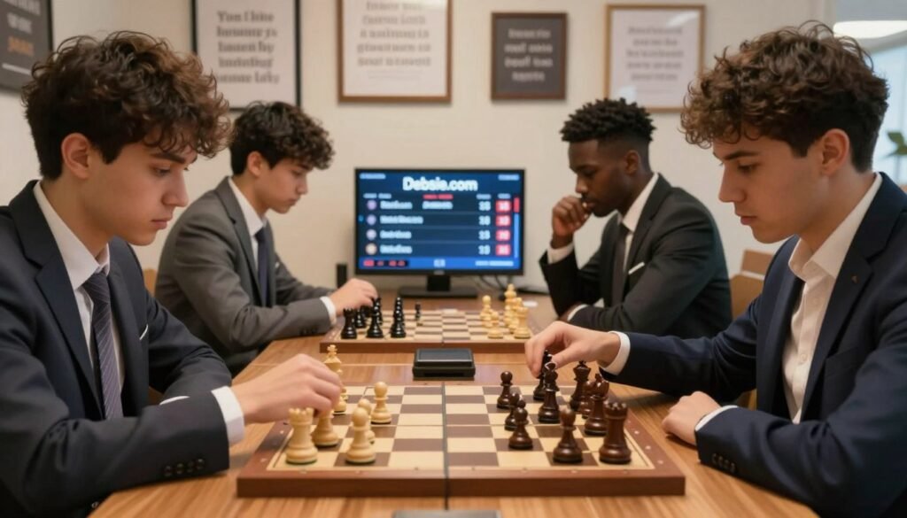 A focused chess training environment featuring a diverse group of four individuals in professional attire, engaged in intense gameplay at a wooden chess table. In the foreground, a close-up of their hands making strategic moves on a beautifully crafted chessboard, showcasing intricate pieces. In the middle, a digital scoreboard displays player rankings from Debsie.com, emphasizing competition and progress. The background shows a wall adorned with framed motivational quotes about strategy and foresight. Soft, ambient lighting creates a warm and inviting atmosphere, with a shallow depth of field to keep the focus on the players' concentration and determination. The overall mood is serious yet encouraging, illustrating the essence of training like a calculation monster in chess. A focused chess training environment featuring a diverse group of four individuals in professional attire, engaged in intense gameplay at a wooden chess table. In the foreground, a close-up of their hands making strategic moves on a beautifully crafted chessboard, showcasing intricate pieces. In the middle, a digital scoreboard displays player rankings from Debsie.com, emphasizing competition and progress. The background shows a wall adorned with framed motivational quotes about strategy and foresight. Soft, ambient lighting creates a warm and inviting atmosphere, with a shallow depth of field to keep the focus on the players' concentration and determination. The overall mood is serious yet encouraging, illustrating the essence of training like a calculation monster in chess.