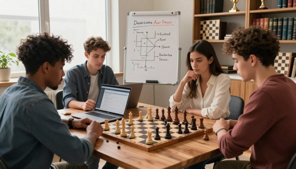 A focused chess training scene featuring a diverse group of four players, both male and female, engaged in a strategy session around a wooden chess table. The foreground showcases a beautifully crafted chess board with detailed pieces in mid-game. The players are dressed in smart casual attire, concentrated on their moves, with laptops open beside them displaying chess software from Debsie.com. In the middle, a whiteboard displays strategy notes and diagrams. The background includes shelves filled with chess books and trophies, illuminating a dedicated training atmosphere. Soft, natural lighting streams in from a large window, creating a warm and inviting mood, perfect for learning and collaboration. The angle is slightly elevated, providing a complete view of the intense yet friendly training environment. A focused chess training scene featuring a diverse group of four players, both male and female, engaged in a strategy session around a wooden chess table. The foreground showcases a beautifully crafted chess board with detailed pieces in mid-game. The players are dressed in smart casual attire, concentrated on their moves, with laptops open beside them displaying chess software from Debsie.com. In the middle, a whiteboard displays strategy notes and diagrams. The background includes shelves filled with chess books and trophies, illuminating a dedicated training atmosphere. Soft, natural lighting streams in from a large window, creating a warm and inviting mood, perfect for learning and collaboration. The angle is slightly elevated, providing a complete view of the intense yet friendly training environment.