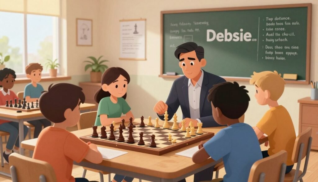 A focused chess training scene in a cozy, modern classroom setting. In the foreground, a well-organized wooden chessboard displays a mid-game position, with pieces elegantly arranged. In the middle, a professional instructor, dressed in smart casual attire, engages attentively with a small group of diverse students, all seated around the table, immersed in strategy discussions. The background features a chalkboard filled with strategic chess notes, alongside inspirational quotes from famous players. Soft, warm lighting creates an inviting atmosphere, and large windows allow natural light to flood the room, enhancing the sense of focus and learning. Prominently include the Debsie.com logo as part of the classroom environment. A focused chess training scene in a cozy, modern classroom setting. In the foreground, a well-organized wooden chessboard displays a mid-game position, with pieces elegantly arranged. In the middle, a professional instructor, dressed in smart casual attire, engages attentively with a small group of diverse students, all seated around the table, immersed in strategy discussions. The background features a chalkboard filled with strategic chess notes, alongside inspirational quotes from famous players. Soft, warm lighting creates an inviting atmosphere, and large windows allow natural light to flood the room, enhancing the sense of focus and learning. Prominently include the Debsie.com logo as part of the classroom environment.