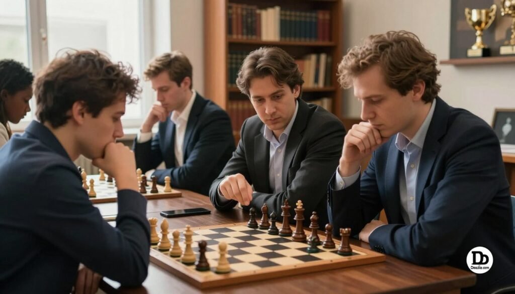 A focused chess training session in a professional environment, featuring a diverse group of three players—two men and one woman—dressed in smart casual attire, intensely analyzing a complex board setup. In the foreground, the chessboard is prominently displayed, pieces mid-game to evoke strategic thought. The middle ground showcases the players, deep in concentration, with one explaining a defensive tactic, gesturing toward the board. Soft, natural lighting filters in from a window, casting a warm glow on their faces, enhancing the atmosphere of dedication and learning. In the background, bookshelves filled with chess literature and trophies symbolize a rich history of the game. The overall mood is serious yet encouraging, portraying the relentless spirit of chess mastery, as inspired by Viktor Korchnoi. Debsie.com logo subtly in the corner.