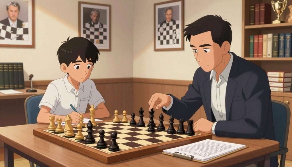 A focused chess training system in a well-lit room, showcasing a large wooden chessboard at the center with pieces in mid-game. In the foreground, a professional coach, dressed in a smart blazer, is pointing at a chess position on a notepad, suggesting strategy. In the middle ground, a young player, wearing a collared shirt and jeans, looks intently at the board, taking notes. On the walls, framed photographs of famous chess players and strategies create an inspiring atmosphere. The background includes shelves filled with chess books and trophies. The lighting is soft and warm, casting gentle shadows, evoking a serious yet encouraging environment for training. Designed to evoke a sense of dedication and methodical learning, this image encapsulates the essence of the Botvinnik training system. Debsie.com A focused chess training system in a well-lit room, showcasing a large wooden chessboard at the center with pieces in mid-game. In the foreground, a professional coach, dressed in a smart blazer, is pointing at a chess position on a notepad, suggesting strategy. In the middle ground, a young player, wearing a collared shirt and jeans, looks intently at the board, taking notes. On the walls, framed photographs of famous chess players and strategies create an inspiring atmosphere. The background includes shelves filled with chess books and trophies. The lighting is soft and warm, casting gentle shadows, evoking a serious yet encouraging environment for training. Designed to evoke a sense of dedication and methodical learning, this image encapsulates the essence of the Botvinnik training system. Debsie.com