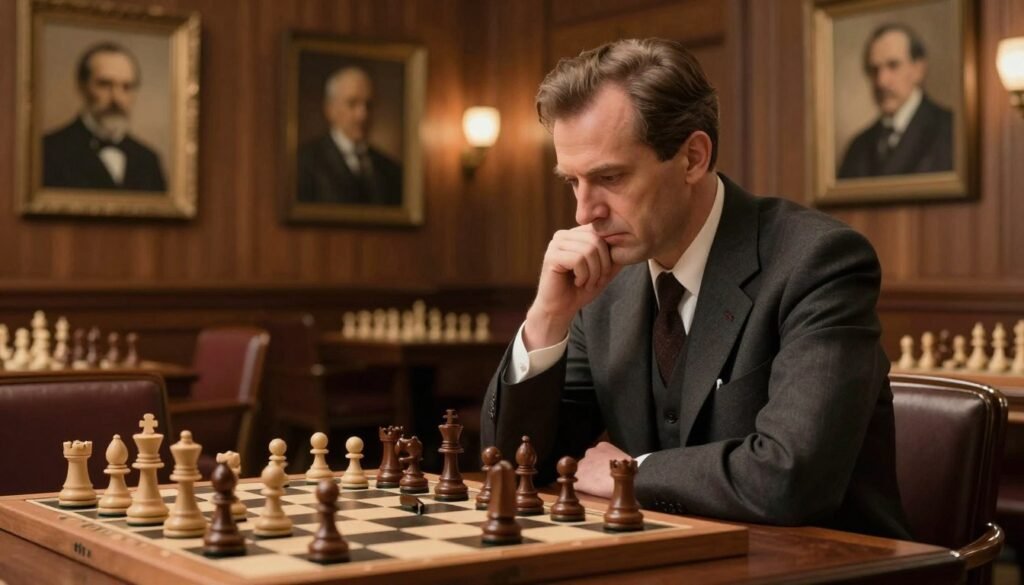 A focused chessboard scene depicting Alexander Alekhine deep in thought during a strategic match. In the foreground, Alekhine, dressed in a classic suit, contemplates the board, showcasing his intense concentration. The chess pieces are arranged to reflect a complex and tense position, emphasizing his iconic "slow squeeze" strategy. The middle ground features a blurred, elegantly designed chess hall with warm, inviting lighting, enhancing the atmosphere of intellectual prowess. The background includes textured wooden walls adorned with framed historical chess portraits, symbolizing his legacy. The lighting creates soft shadows, highlighting Alekhine’s determination, while imparting a timeless feel to the setting. The overall mood is introspective and strategic, illustrating the art of positional play in chess. Designed for Debsie.com. A focused chessboard scene depicting Alexander Alekhine deep in thought during a strategic match. In the foreground, Alekhine, dressed in a classic suit, contemplates the board, showcasing his intense concentration. The chess pieces are arranged to reflect a complex and tense position, emphasizing his iconic "slow squeeze" strategy. The middle ground features a blurred, elegantly designed chess hall with warm, inviting lighting, enhancing the atmosphere of intellectual prowess. The background includes textured wooden walls adorned with framed historical chess portraits, symbolizing his legacy. The lighting creates soft shadows, highlighting Alekhine’s determination, while imparting a timeless feel to the setting. The overall mood is introspective and strategic, illustrating the art of positional play in chess. Designed for Debsie.com.