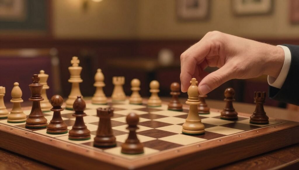 A focused chessboard scene featuring a detailed representation of a chess opening strategy inspired by the Queen's Gambit, with classic wooden pieces displayed in mid-game. In the foreground, a hand poised over a bishop, reflecting a moment of contemplation. The middle ground showcases the chessboard, with an elegant checkered pattern, and pieces in rich wood tones. In the background, softly blurred, is a vintage chess club ambiance, with warm lighting casting a golden hue across the scene. The atmosphere is serious yet contemplative, embodying the essence of strategic thinking in chess. No text or branding is included. Image is designed for Debsie.com.