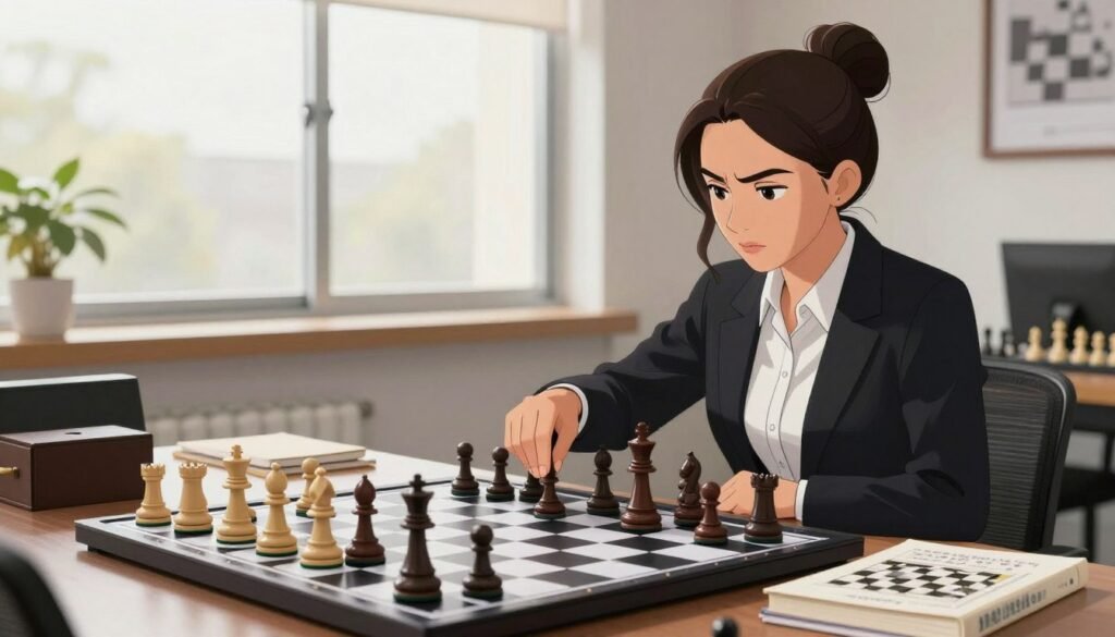 A focused female chess player training intensely at a sleek, modern chessboard in a well-lit room. She is wearing professional business attire, embodying a sense of determination and strategy. The foreground captures her poised with chess pieces mid-move, highlighting her fast hands and sharp concentration. In the middle, various chess diagrams and tactical books are scattered, emphasizing her commitment to improvement. The background features a large window with natural light streaming in, casting a warm glow that enhances the atmosphere of focus and inspiration. The overall mood is motivating and energetic, illustrating the essence of blitz chess training. The scene beautifully captures the women blitz player's competitive spirit. Debsie.com. A focused female chess player training intensely at a sleek, modern chessboard in a well-lit room. She is wearing professional business attire, embodying a sense of determination and strategy. The foreground captures her poised with chess pieces mid-move, highlighting her fast hands and sharp concentration. In the middle, various chess diagrams and tactical books are scattered, emphasizing her commitment to improvement. The background features a large window with natural light streaming in, casting a warm glow that enhances the atmosphere of focus and inspiration. The overall mood is motivating and energetic, illustrating the essence of blitz chess training. The scene beautifully captures the women blitz player's competitive spirit. Debsie.com.