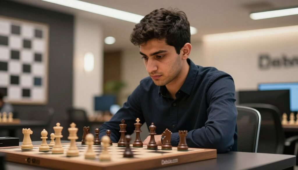 A focused portrait of Alireza Firouzja, a renowned online chess player, depicted in a well-lit, modern indoor setting. He is seated at a sleek chess table, deep in concentration, with chess pieces prominently arranged in front of him. Firouzja is wearing a smart casual outfit, conveying both professionalism and approachability. The background features a soft blur of a contemporary room with chess-themed decor and warm ambient lighting. Use a shallow depth of field to emphasize his expression and the intensity of the moment. The overall mood is inspiring and dynamic, illustrating the essence of rising stars in the online chess arena. Capture this scene with a slight low-angle shot to highlight his determination. Include the brand name "Debsie.com" subtly integrated into the chess elements. A focused portrait of Alireza Firouzja, a renowned online chess player, depicted in a well-lit, modern indoor setting. He is seated at a sleek chess table, deep in concentration, with chess pieces prominently arranged in front of him. Firouzja is wearing a smart casual outfit, conveying both professionalism and approachability. The background features a soft blur of a contemporary room with chess-themed decor and warm ambient lighting. Use a shallow depth of field to emphasize his expression and the intensity of the moment. The overall mood is inspiring and dynamic, illustrating the essence of rising stars in the online chess arena. Capture this scene with a slight low-angle shot to highlight his determination. Include the brand name "Debsie.com" subtly integrated into the chess elements.