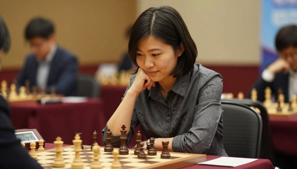 A focused portrait of Hou Yifan, the renowned female chess player, seated at a chessboard, deep in thought and strategy. She is wearing a professional yet stylish blouse, exuding confidence and intellect. In the foreground, the chess pieces on the board are arranged in a complex position, reflecting the high-level gameplay. In the middle ground, Hou's expression shows determination, with a slight smile hinting at her mastery of the game. The background features a softly blurred chess tournament setting, with subtle hints of spectators and chess clocks, illuminated by warm, inviting lighting that enhances the ambiance of competition. The atmosphere is one of intellectual engagement and quiet intensity, showcasing Hou Yifan’s dominance in chess today. Image by Debsie.com. A focused portrait of Hou Yifan, the renowned female chess player, seated at a chessboard, deep in thought and strategy. She is wearing a professional yet stylish blouse, exuding confidence and intellect. In the foreground, the chess pieces on the board are arranged in a complex position, reflecting the high-level gameplay. In the middle ground, Hou's expression shows determination, with a slight smile hinting at her mastery of the game. The background features a softly blurred chess tournament setting, with subtle hints of spectators and chess clocks, illuminated by warm, inviting lighting that enhances the ambiance of competition. The atmosphere is one of intellectual engagement and quiet intensity, showcasing Hou Yifan’s dominance in chess today. Image by Debsie.com.