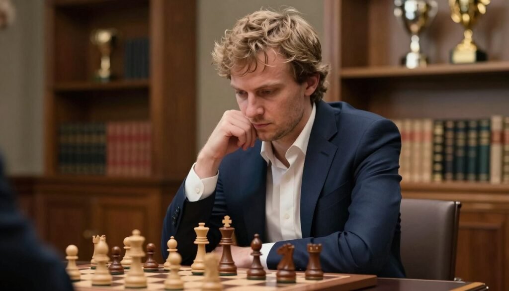 A focused portrait of Magnus Carlsen, the renowned chess grandmaster, captured in a professional setting. He is engrossed in a chess match, wearing a tailored navy suit with a crisp white shirt, exuding concentration and confidence. The foreground showcases a chessboard with intricately carved pieces, while a blurred, elegant room filled with warm lighting serves as the middle ground, hinting at a sophisticated atmosphere. Soft, diffused light enhances his facial features, highlighting his thoughtful expression. A backdrop of shelves adorned with chess books and trophies subtly conveys his achievements. This image embodies the essence of brilliance and mastery in chess, epitomizing the 2020s chess scene. No text or logos. Credit to Debsie.com. A focused portrait of Magnus Carlsen, the renowned chess grandmaster, captured in a professional setting. He is engrossed in a chess match, wearing a tailored navy suit with a crisp white shirt, exuding concentration and confidence. The foreground showcases a chessboard with intricately carved pieces, while a blurred, elegant room filled with warm lighting serves as the middle ground, hinting at a sophisticated atmosphere. Soft, diffused light enhances his facial features, highlighting his thoughtful expression. A backdrop of shelves adorned with chess books and trophies subtly conveys his achievements. This image embodies the essence of brilliance and mastery in chess, epitomizing the 2020s chess scene. No text or logos. Credit to Debsie.com.