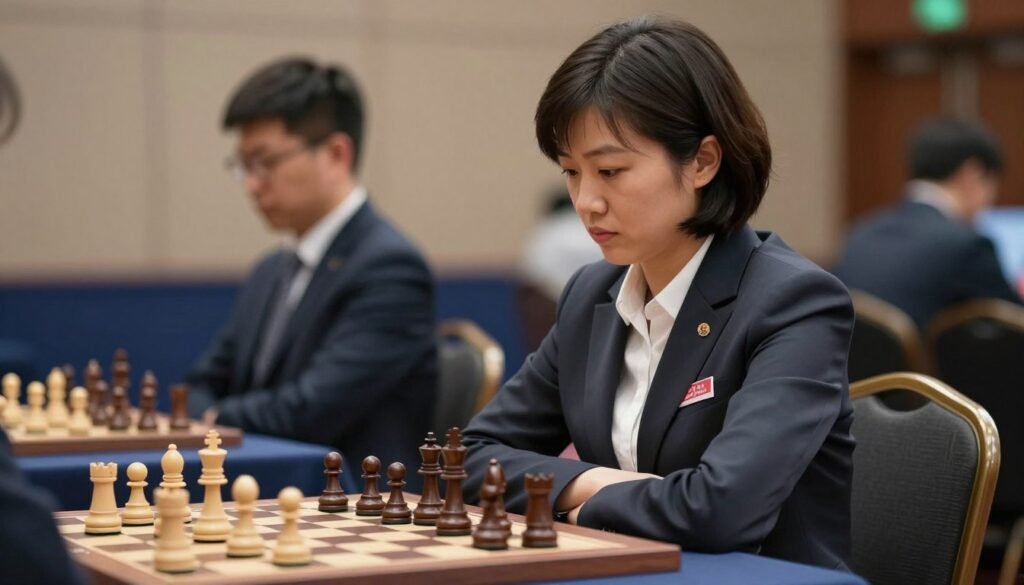A focused portrait of a woman chess champion, showcasing Ju Wenjun during a high-stakes chess match. In the foreground, she sits confidently at a chessboard, her expression calm yet alert, reflecting strategic thinking. She wears a professional, tailored suit that emphasizes her poise and authority. In the middle ground, pieces on the chessboard are meticulously arranged, indicating a tense but focused game. The background features a softly blurred tournament hall, with subtle lighting highlighting the intensity of the match. The atmosphere is serious, conveying the prestige and mental acuity of chess. This image captures the essence of Ju Wenjun's journey as a five-time Women’s World Chess Champion, embodying determination and quiet precision. Rendered in high detail to emphasize the intricacies of the chess pieces and the ambiance of the event, in association with Debsie.com.