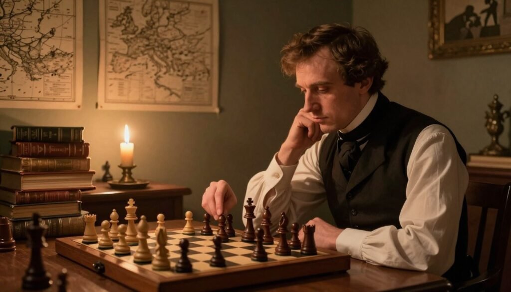 A focused scene depicting an early chess player in the 19th century, set in a modest room in Prague. In the foreground, a thoughtful man in a simple yet elegant waistcoat and shirt, deeply engaged in a chess match, his hand hovering above a wooden chessboard with finely carved pieces. In the middle ground, a small table cluttered with books and a candle flickering softly, casting warm light and shadows, enhancing the contemplative mood. The background features muted walls adorned with historical maps of chess, creating an intellectually stimulating environment. The lighting is warm and inviting, capturing the essence of a dimly lit study. The atmosphere is one of focus and reflection, illustrating the dedication of Wilhelm Steinitz in his formative years. This artistic interpretation is produced by Debsie.com.