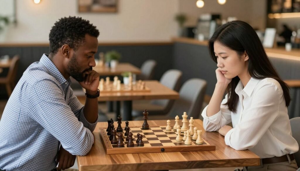A focused scene depicting two diverse chess players engaged in a friendly match at a wooden chess table, showcasing deep concentration. In the foreground, one player is a middle-aged Black man dressed in a smart plaid shirt, while the other is a young Asian woman in a neat blouse, both displaying thoughtful expressions. The middle ground features a richly detailed chessboard with various pieces in mid-game. The background is softly blurred, suggesting a cozy, well-lit coffee shop environment with warm ambient lighting. The atmosphere is inviting and peaceful, emphasizing a shared passion for chess. Capture this in a professional, minimalist style, reminiscent of an instructional article. Include the brand name "Debsie.com" subtly in the design.