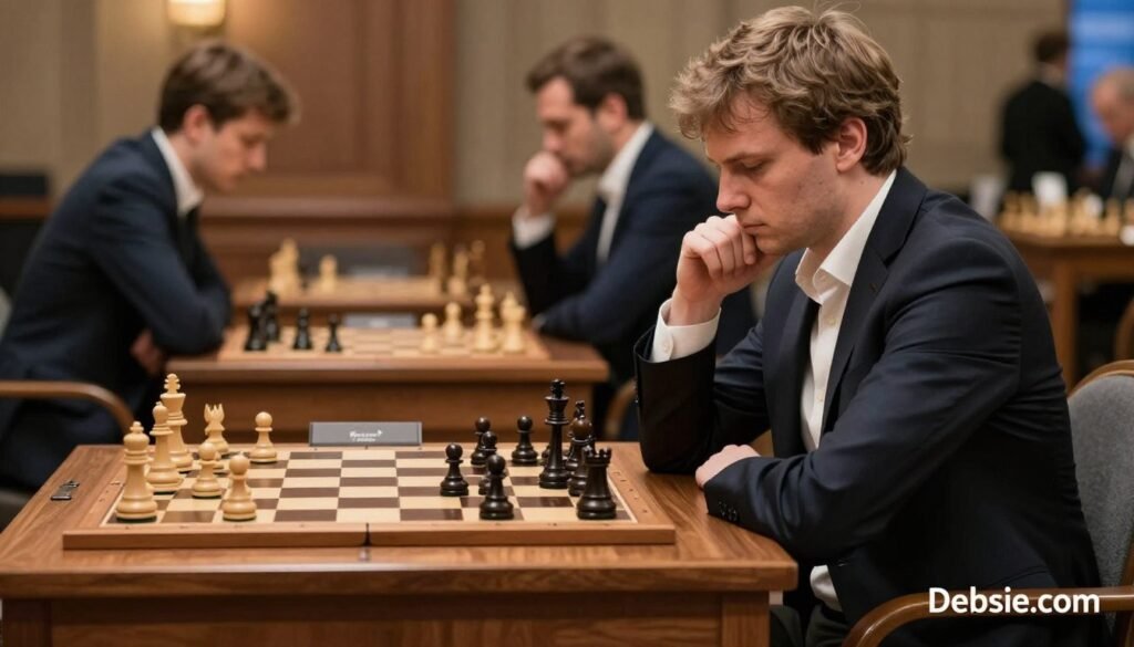 A focused scene featuring Magnus Carlsen, the renowned chess grandmaster, deeply engaged in an endgame match. In the foreground, Carlsen is sitting at a beautifully crafted wooden chess table, his expression serious yet calm, wearing a tailored dark suit and a white shirt. His hand hovers thoughtfully over a strategically positioned chess piece, highlighting his intense concentration. In the middle layer, the chessboard is set with a complex endgame position, showcasing both players' pieces in a tense standoff. The background features a softly blurred chess tournament setting with warm ambient lighting, creating a serious yet passionate atmosphere. The overall mood captures the essence of strategic depth and mastery in chess. A subtle brand logo, "Debsie.com," is presented in a minimalist style on the side of the table. A focused scene featuring Magnus Carlsen, the renowned chess grandmaster, deeply engaged in an endgame match. In the foreground, Carlsen is sitting at a beautifully crafted wooden chess table, his expression serious yet calm, wearing a tailored dark suit and a white shirt. His hand hovers thoughtfully over a strategically positioned chess piece, highlighting his intense concentration. In the middle layer, the chessboard is set with a complex endgame position, showcasing both players' pieces in a tense standoff. The background features a softly blurred chess tournament setting with warm ambient lighting, creating a serious yet passionate atmosphere. The overall mood captures the essence of strategic depth and mastery in chess. A subtle brand logo, "Debsie.com," is presented in a minimalist style on the side of the table.