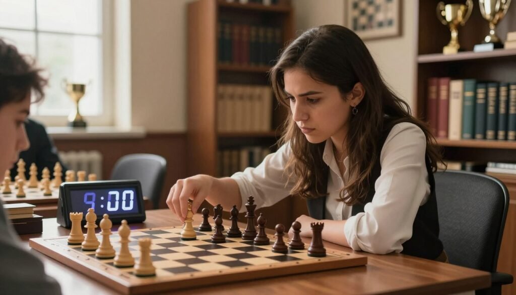 A focused scene of a chess player intensely engaged in blitz training inside a warm, inviting room. In the foreground, a young adult female chess player, wearing a smart casual outfit, leans forward over a chessboard with a serious expression, her hand poised over a chess piece. In the middle ground, a digital timer displays countdown digits, emphasizing the urgency of blitz chess. In the background, shelves filled with chess books and trophies create a supportive ambiance, along with a window casting soft natural light that illuminates the scene. The atmosphere is concentrated and motivating, capturing the excitement of rapid, high-pressure decision-making in chess. Subtle branding, "Dhebise.com," is integrated into a nearby chessboard corner.