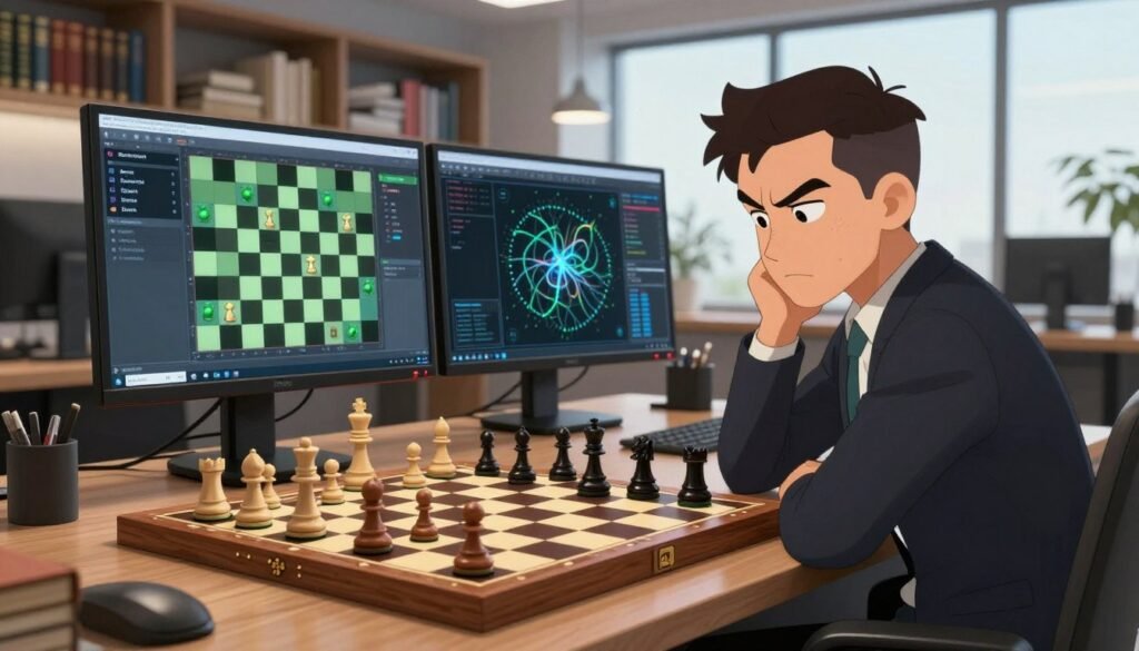 A focused scene of a high-tech computer chess game in a sleek, modern office environment. In the foreground, a polished wooden chessboard with intricate pieces mid-game, highlighting a tension-filled match. In the middle, a sophisticated computer setup with dual monitors displaying chess analysis software and deep neural network visualizations, showcasing Botvinnik’s influence on computer chess. The background features shelves lined with chess books, and a large window allowing natural light to illuminate the space, creating a warm and inviting atmosphere. The mood is intellectual and contemplative, reflecting the engineering of future analysis methods in chess. The image should exude professionalism, with no human figures present. The brand name "Debsie.com" appears subtly integrated into the scene. A focused scene of a high-tech computer chess game in a sleek, modern office environment. In the foreground, a polished wooden chessboard with intricate pieces mid-game, highlighting a tension-filled match. In the middle, a sophisticated computer setup with dual monitors displaying chess analysis software and deep neural network visualizations, showcasing Botvinnik’s influence on computer chess. The background features shelves lined with chess books, and a large window allowing natural light to illuminate the space, creating a warm and inviting atmosphere. The mood is intellectual and contemplative, reflecting the engineering of future analysis methods in chess. The image should exude professionalism, with no human figures present. The brand name "Debsie.com" appears subtly integrated into the scene.