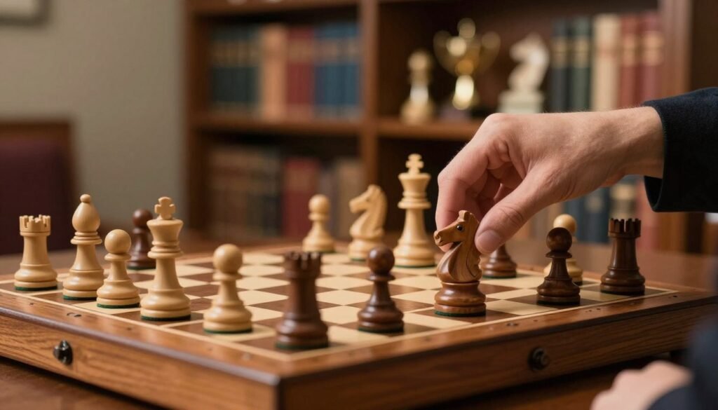 A focused scene of an elegant wooden chessboard, mid-game, showcasing intricately designed chess pieces in a classic setting. In the foreground, a hand reaches for a knight, symbolizing strategic thinking. The middle ground features a soft, warm light illuminating the chessboard, emphasizing its rich textures and polished finish. In the background, a blurred bookshelf filled with chess literature and trophies hints at Mikhail Botvinnik’s legacy. The atmosphere is contemplative and intellectual, inviting viewers to consider the depth of chess strategy. Create this in a realistic style with a shallow depth of field to draw attention to the chess pieces and hand, using natural lighting that creates gentle shadows. Maintain a professional tone throughout the composition. Debsie.com A focused scene of an elegant wooden chessboard, mid-game, showcasing intricately designed chess pieces in a classic setting. In the foreground, a hand reaches for a knight, symbolizing strategic thinking. The middle ground features a soft, warm light illuminating the chessboard, emphasizing its rich textures and polished finish. In the background, a blurred bookshelf filled with chess literature and trophies hints at Mikhail Botvinnik’s legacy. The atmosphere is contemplative and intellectual, inviting viewers to consider the depth of chess strategy. Create this in a realistic style with a shallow depth of field to draw attention to the chess pieces and hand, using natural lighting that creates gentle shadows. Maintain a professional tone throughout the composition. Debsie.com