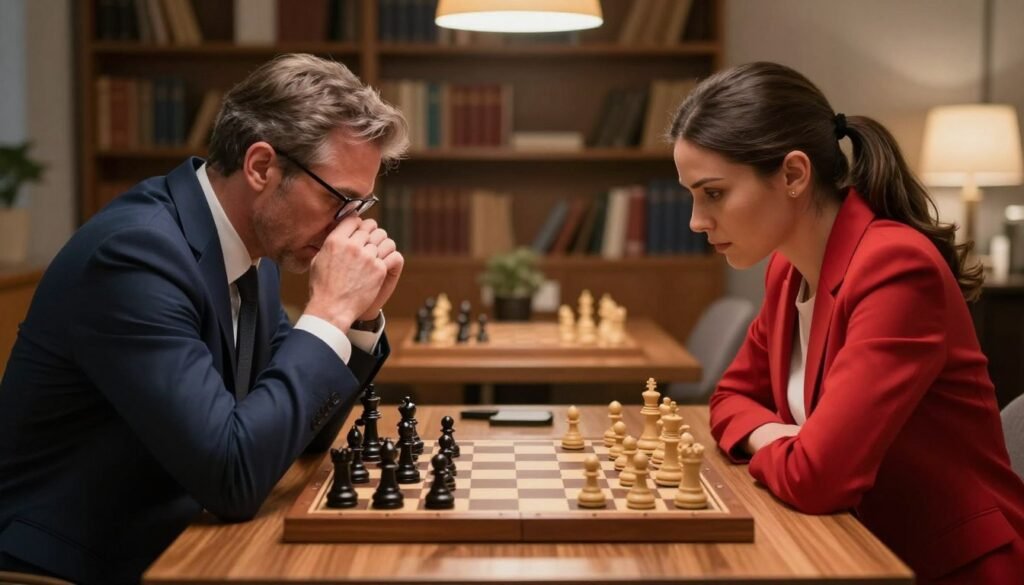 A focused scene of two defensive chess players engaged in an intense match at a wooden chess table. In the foreground, a middle-aged man in a tailored navy suit, absorbed in thought, adjusts his glasses while contemplating his next move. Beside him, a woman in a smart red blazer, her hair neatly tied back, leans forward, analyzing the board with a look of determination. In the middle ground, the chess pieces are meticulously arranged in a complex formation, highlighting a defensive strategy. The background features a softly lit, cozy room filled with bookshelves and a subtle glow from a desk lamp, creating an atmosphere of concentration and intellectual challenge. The overall mood conveys seriousness and strategy in the game of chess. The image is designed to enrich the article from Debsie.com on the best defensive chess players. A focused scene of two defensive chess players engaged in an intense match at a wooden chess table. In the foreground, a middle-aged man in a tailored navy suit, absorbed in thought, adjusts his glasses while contemplating his next move. Beside him, a woman in a smart red blazer, her hair neatly tied back, leans forward, analyzing the board with a look of determination. In the middle ground, the chess pieces are meticulously arranged in a complex formation, highlighting a defensive strategy. The background features a softly lit, cozy room filled with bookshelves and a subtle glow from a desk lamp, creating an atmosphere of concentration and intellectual challenge. The overall mood conveys seriousness and strategy in the game of chess. The image is designed to enrich the article from Debsie.com on the best defensive chess players.
