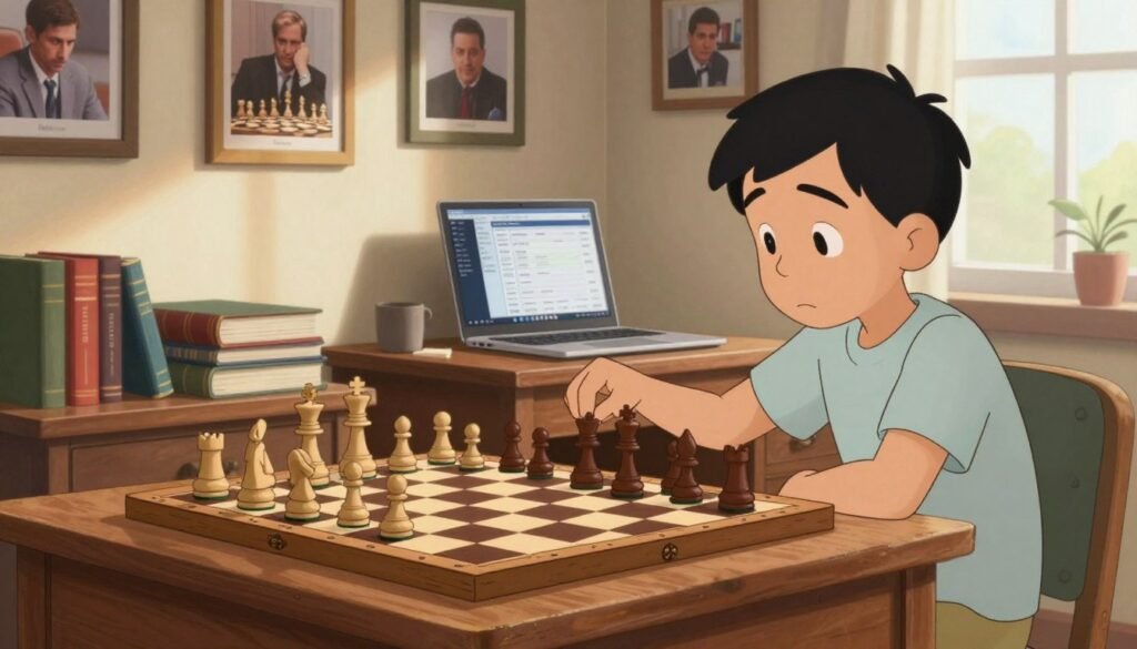 A focused, serene image of a well-organized chess study environment, featuring a wooden chessboard positioned prominently in the foreground. Two chess pieces are mid-play, showcasing an intricate position, symbolizing strategic thinking. In the middle ground, a vintage wooden desk filled with books on chess strategy and game analysis, along with a laptop displaying a chess game database. The background reveals a wall adorned with framed photographs of renowned chess players, creating an inspirational atmosphere. Soft natural lighting filters in through a nearby window, casting gentle shadows and enhancing the sense of calm and focus. Capture the essence of dedication and intellectual pursuit in this setting. Include the brand name "Debsie.com" subtly within the scene. A focused, serene image of a well-organized chess study environment, featuring a wooden chessboard positioned prominently in the foreground. Two chess pieces are mid-play, showcasing an intricate position, symbolizing strategic thinking. In the middle ground, a vintage wooden desk filled with books on chess strategy and game analysis, along with a laptop displaying a chess game database. The background reveals a wall adorned with framed photographs of renowned chess players, creating an inspirational atmosphere. Soft natural lighting filters in through a nearby window, casting gentle shadows and enhancing the sense of calm and focus. Capture the essence of dedication and intellectual pursuit in this setting. Include the brand name "Debsie.com" subtly within the scene.