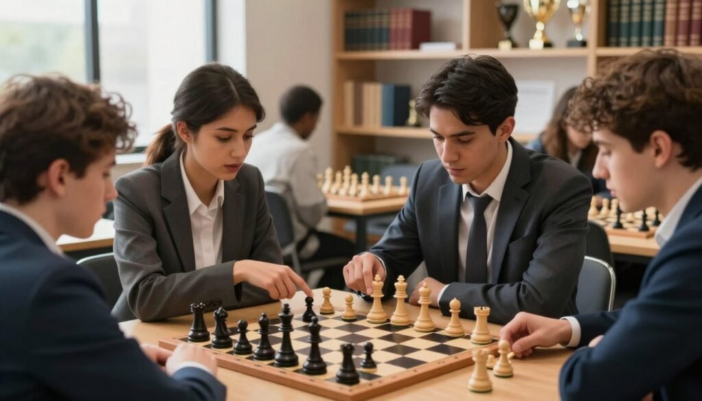 A focused study scene featuring a diverse group of chess players gathered around a table, intensely analyzing chess positions with a prominent emphasis on attacking strategies. The foreground showcases a chessboard, pieces strategically placed, with a player's hand poised over a bishop. In the middle, two players (one male and one female, both in professional business attire) discuss a complex position while pointing at the board, reflecting deep concentration. The background reveals a well-lit chess club atmosphere with shelves of chess books and trophies, softly blurred to enhance the mood of study and collaboration. Natural light streams in through large windows, casting gentle shadows, creating an inviting and intellectual atmosphere. This scene embodies the essence of strategic attack planning crucial for players interested in structured gameplay. Image created by Debsie.com.