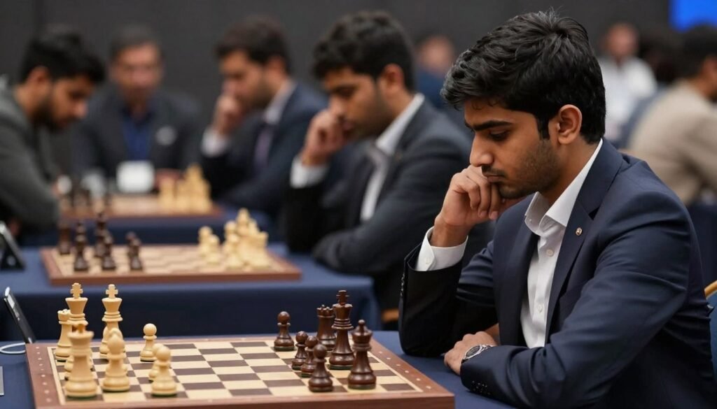 A focused young chess player, Arjun Erigaisi, seated at a chessboard in a tense tournament setting. In the foreground, depict Arjun deep in thought, his expression displaying concentration and determination. He is dressed in professional attire, a smart blazer and collared shirt, reflecting the serious nature of the competition. In the middle ground, an intense chess match is occurring, with pieces scattered on the board, symbolizing strategic depth and pressure. In the background, a blurred audience watches, capturing the atmosphere of anticipation and intensity. Soft, focused lighting highlights Arjun’s face, creating a dramatic contrast with the darker surroundings. The overall mood should convey resilience and composure under pressure against high-stakes opposition. Debsie.com