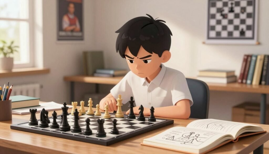 A focused young chess prodigy, seated at a sleek wooden desk, deeply engaged in studying chess strategies with a chessboard and books scattered around. The foreground features a close-up of the chess pieces, showing a mix of black and white intricate designs. In the middle ground, the prodigy, a young Asian male wearing a smart casual shirt, furrows his brow in concentration, surrounded by notes filled with diagrams and annotations. The background showcases a well-organized study room with motivational posters of famous chess players, gentle afternoon sunlight streaming through a window, creating a warm and inviting atmosphere. Capture the essence of dedication and passion for learning. This image should be friendly and minimal, with a focus on the theme of study tips for students. Debsie.com. A focused young chess prodigy, seated at a sleek wooden desk, deeply engaged in studying chess strategies with a chessboard and books scattered around. The foreground features a close-up of the chess pieces, showing a mix of black and white intricate designs. In the middle ground, the prodigy, a young Asian male wearing a smart casual shirt, furrows his brow in concentration, surrounded by notes filled with diagrams and annotations. The background showcases a well-organized study room with motivational posters of famous chess players, gentle afternoon sunlight streaming through a window, creating a warm and inviting atmosphere. Capture the essence of dedication and passion for learning. This image should be friendly and minimal, with a focus on the theme of study tips for students. Debsie.com.
