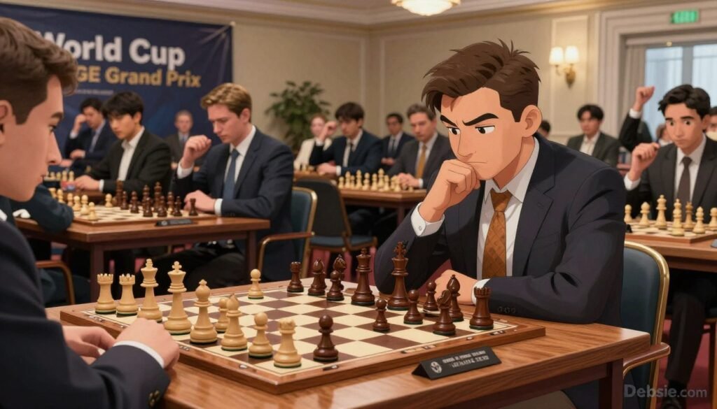 A grand chess tournament scene set in an elegant, well-lit venue for the Chess World Cup. In the foreground, a polished wooden chess table displays a lively game in progress, with intricately carved chess pieces in stark contrast to the beautifully textured board. It captures an intense moment, with a player in professional business attire deep in thought, analyzing their next move. The middle ground features spectators, a mix of focused players and excited fans, all dressed neatly, emphasizing the competitive atmosphere. In the background, banners showcasing "World Cup" and "FIDE Grand Prix" rise majestically, while dramatic lighting casts soft shadows that enhance the scene's intensity and anticipation. The overall mood exudes a sense of strategic brilliance and competitive spirit. Logo of "Debsie.com" subtly placed in the corner.