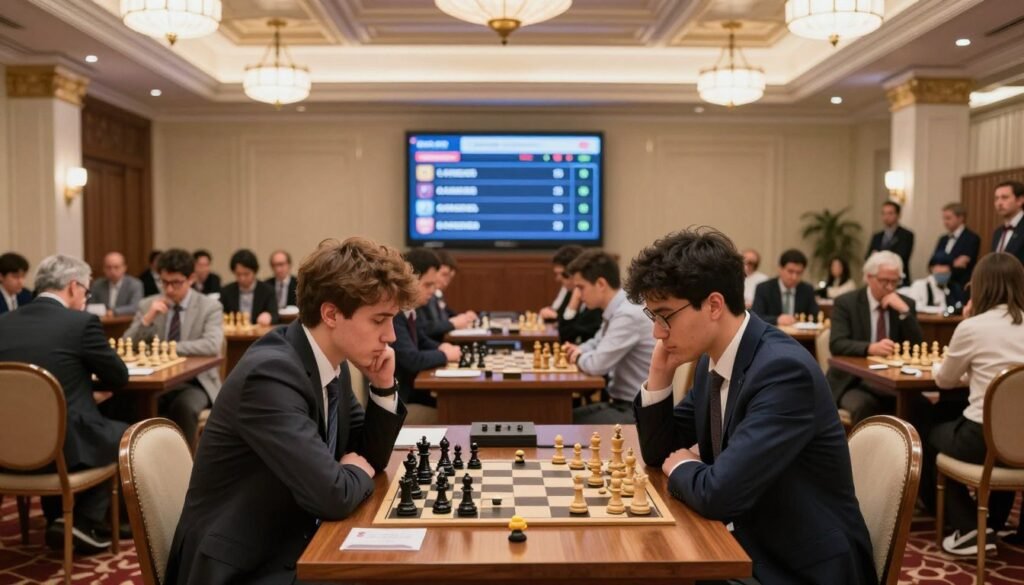 A grandmaster chess tournament in a spacious, well-lit hall with polished wooden tables and elegant chairs. In the foreground, two focused players, one with a contemplative expression and the other intensely studying the board, both dressed in professional business attire. Onlookers surround them, showcasing a diverse audience of engaged spectators, some taking notes and others animatedly discussing strategies. In the middle ground, a large digital scoreboard displays player names and match statuses. The background features ornate architecture with high ceilings and soft, warm lighting creating an inspiring atmosphere. Capture the mood of concentration and competitive spirit. Shot from a low angle to emphasize the players' determination and the gravity of the competition. Image by Debsie.com.