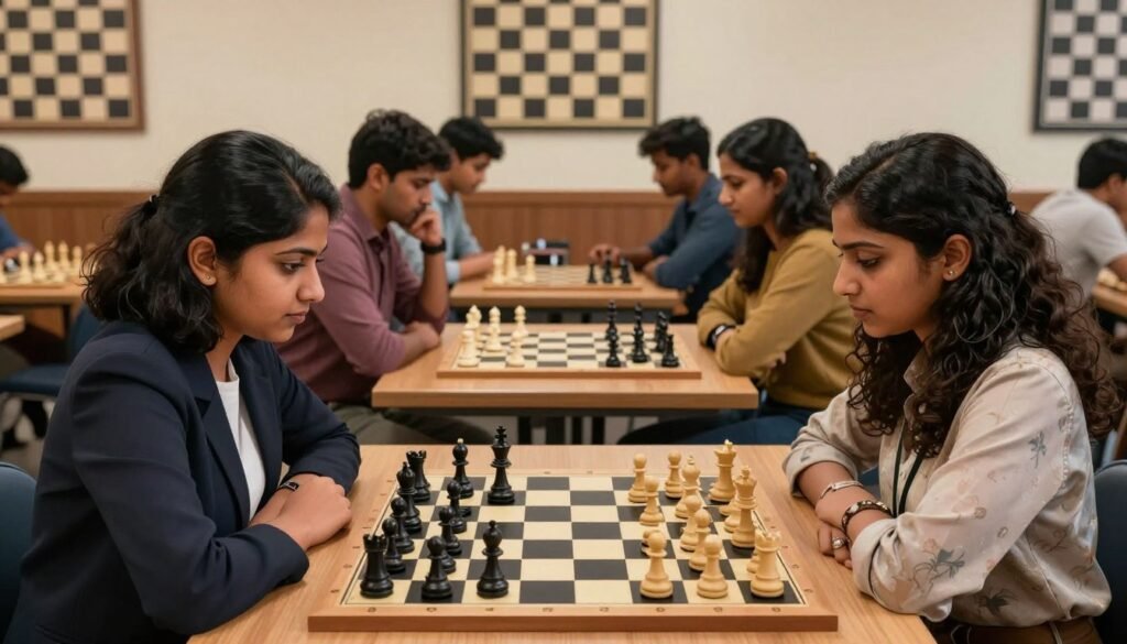 A group of diverse, top active women chess players in India engaged in an intense game of chess in a well-lit indoor environment. Foreground features two women, one of South Asian descent with short black hair in a smart casual blazer, the other with medium-length curly hair, wearing a stylish blouse. They are focused on a chessboard adorned with elegant pieces. In the middle ground, additional players can be seen, each reflecting concentration and strategy, representing various backgrounds. The background showcases a chess club ambiance with wooden tables, chess posters, and warm lighting, creating a friendly yet competitive atmosphere. The mood is inspiring and professional, highlighting the talents of women in chess today. Render this image in a realistic style, emphasizing clarity and detail. Debsie.com A group of diverse, top active women chess players in India engaged in an intense game of chess in a well-lit indoor environment. Foreground features two women, one of South Asian descent with short black hair in a smart casual blazer, the other with medium-length curly hair, wearing a stylish blouse. They are focused on a chessboard adorned with elegant pieces. In the middle ground, additional players can be seen, each reflecting concentration and strategy, representing various backgrounds. The background showcases a chess club ambiance with wooden tables, chess posters, and warm lighting, creating a friendly yet competitive atmosphere. The mood is inspiring and professional, highlighting the talents of women in chess today. Render this image in a realistic style, emphasizing clarity and detail. Debsie.com