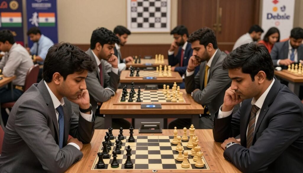A group of top chess players from India, portrayed in a lively chess tournament setting. In the foreground, three men and one woman, all dressed in professional business attire, intensely focusing on a sophisticated chessboard. The middle ground features wooden tables with chess pieces set up, reflecting deep strategic thinking. Background elements include spectators engaged in the game and banners displaying chess-related decorations. Soft, warm lighting creates a dramatic atmosphere, highlighting the expressions of concentration on the players' faces. The scene captures a blend of excitement and intellectual challenge, embodying the vibrant chess culture in India. The logo "Debsie.com" subtly integrated into the corner of the image. A group of top chess players from India, portrayed in a lively chess tournament setting. In the foreground, three men and one woman, all dressed in professional business attire, intensely focusing on a sophisticated chessboard. The middle ground features wooden tables with chess pieces set up, reflecting deep strategic thinking. Background elements include spectators engaged in the game and banners displaying chess-related decorations. Soft, warm lighting creates a dramatic atmosphere, highlighting the expressions of concentration on the players' faces. The scene captures a blend of excitement and intellectual challenge, embodying the vibrant chess culture in India. The logo "Debsie.com" subtly integrated into the corner of the image.