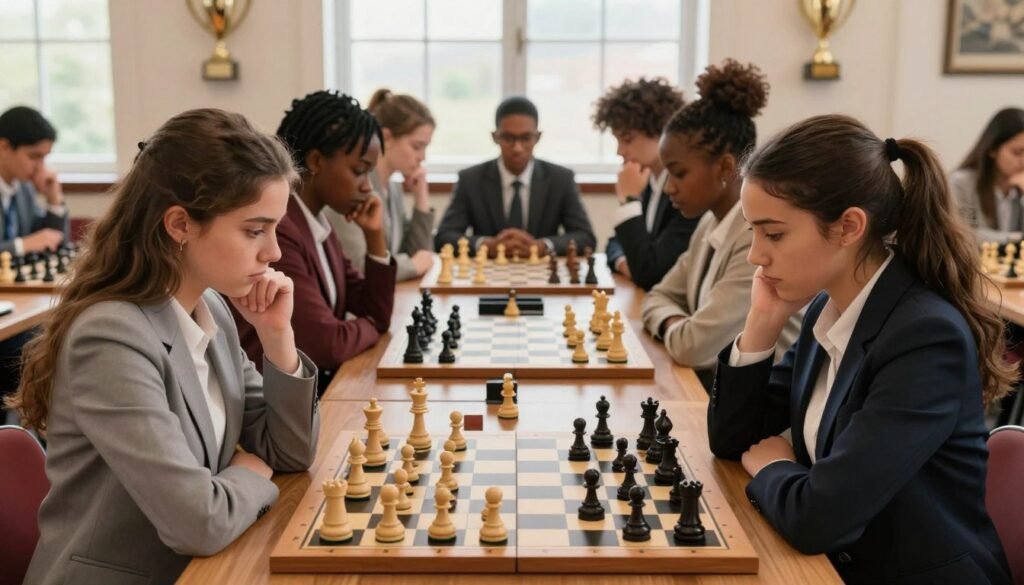 A group of young women chess grandmasters and champions, showcasing a diverse array of backgrounds and cultures, are gathered around a chessboard in an engaging and focused atmosphere. The foreground features two young women in professional business attire, deep in thought as they analyze a chess position, their expressions conveying determination and intellect. In the middle ground, other players are concentrated on their games, with chess pieces vividly displayed. The background reveals a softly lit room adorned with trophies and chess paraphernalia, emphasizing the theme of achievement and ambition in the world of chess. Natural lighting filters through large windows, creating a warm, inspirational mood that highlights the powerful presence of these future leaders in chess. The image conveys motivation and the limitless possibilities for young female players. Debsie.com. A group of young women chess grandmasters and champions, showcasing a diverse array of backgrounds and cultures, are gathered around a chessboard in an engaging and focused atmosphere. The foreground features two young women in professional business attire, deep in thought as they analyze a chess position, their expressions conveying determination and intellect. In the middle ground, other players are concentrated on their games, with chess pieces vividly displayed. The background reveals a softly lit room adorned with trophies and chess paraphernalia, emphasizing the theme of achievement and ambition in the world of chess. Natural lighting filters through large windows, creating a warm, inspirational mood that highlights the powerful presence of these future leaders in chess. The image conveys motivation and the limitless possibilities for young female players. Debsie.com.