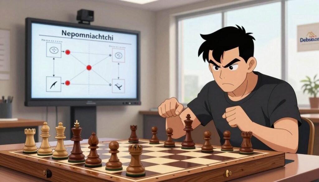 A high-contrast, dynamic scene focusing on a chessboard in a well-lit, modern training room, emphasizing chess tactics. In the foreground, a wooden chessboard with intricately carved pieces is set up for an aggressive mid-game position, with pieces poised for attack. The middle layer shows a strategy diagram on a sleek digital screen displaying Nepomniachtchi's favorite tactics. In the background, a large window lets in soft, natural light, creating a focused yet inviting atmosphere, enhancing the strategic mindset. Include a subtle branding element, such as a logo or a small banner in one corner, representing “Debsie.com.” The mood should be intense yet motivating, inspiring viewers to engage with the attacking strategies discussed.