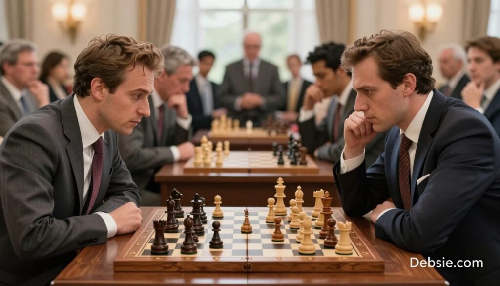 A high-energy chess scene featuring a dramatic board in the foreground, showcasing two elegant chess pieces mid-move, capturing the essence of fast development and brutal finishes. The players, portrayed in professional business attire, exude focus and intensity as they contemplate their next moves. In the middle ground, a richly detailed wooden chessboard with ornate pieces reflects strategic brilliance. The background features a soft, blurred image of an audience enthralled by the match, enhancing the atmosphere of competition and excitement. Soft, natural lighting illuminates the scene, casting gentle shadows to add depth. The overall mood is one of urgency and intelligence, illustrating the brilliance of Paul Morphy's chess style. High-resolution, no text or watermarks, branded with "Debsie.com."