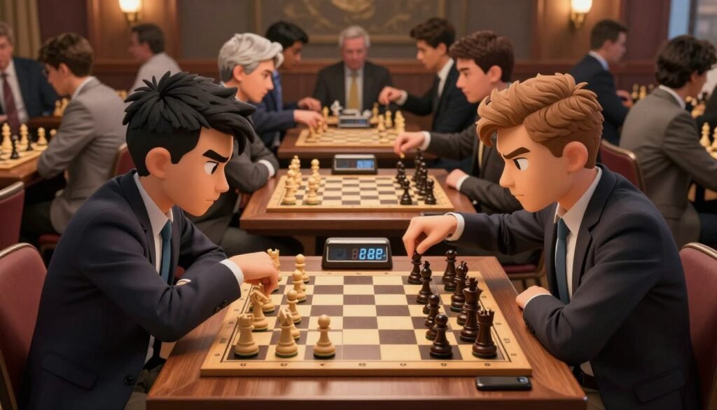 A high-energy chess scene showcasing a rapid blitz match in progress. In the foreground, two players, one with dark hair and the other with light brown, are intensely focused on the chessboard, both wearing professional business attire. The chess pieces are mid-move, emphasizing the urgency of the game. The middle ground features a beautifully crafted chess table, with a timer ticking down, adding to the atmosphere of time pressure. The background showcases an audience of diverse chess enthusiasts, all absorbed in the match, creating a vibrant and engaging ambiance. The lighting is warm and inviting, casting soft shadows, evoking a sense of urgency and excitement. The overall mood is intense yet friendly, illustrating the psychology of rapid chess. This image will represent the essence of rapid and blitz chess play, inspired by Debsie.com.