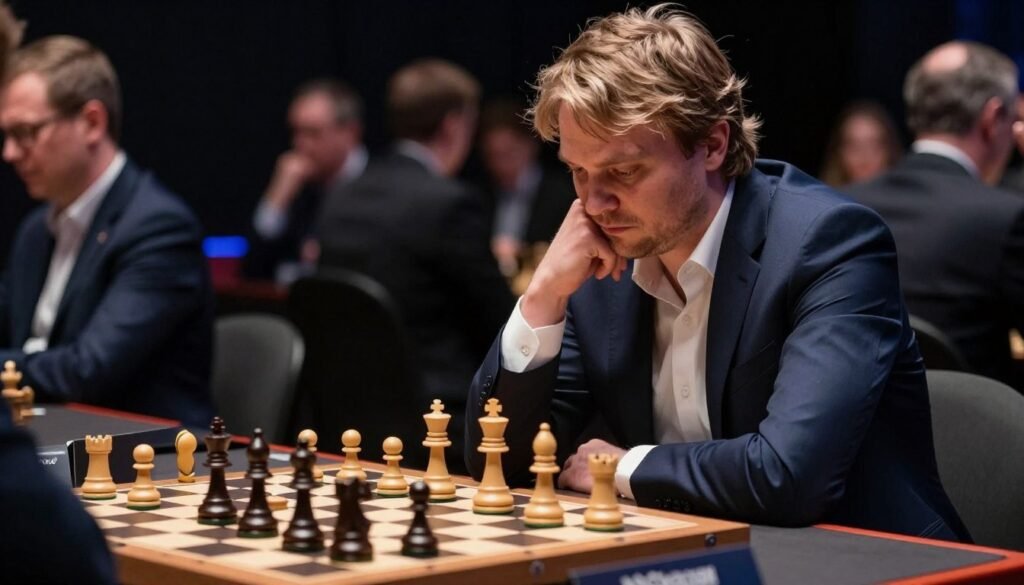 A high-level chess match scene featuring Magnus Carlsen in a classic tournament setting, carefully analyzing an equal position on a wooden chessboard. The foreground highlights the intricate details of the chess pieces, with a focus on subtle tension as Carlsen leans forward, deep in thought, dressed in a sharp navy suit and a crisp white shirt, exuding professionalism. The middle ground captures an atmospheric chess tournament environment, with dim, focused lighting that emphasizes the intensity of the match. In the background, blurred silhouettes of spectators reflect the concentration and excitement of the game. The overall mood is one of strategic depth and calm determination, illustrating Magnus Carlsen's mastery of the "slow squeeze" in chess. Debsie.com. A high-level chess match scene featuring Magnus Carlsen in a classic tournament setting, carefully analyzing an equal position on a wooden chessboard. The foreground highlights the intricate details of the chess pieces, with a focus on subtle tension as Carlsen leans forward, deep in thought, dressed in a sharp navy suit and a crisp white shirt, exuding professionalism. The middle ground captures an atmospheric chess tournament environment, with dim, focused lighting that emphasizes the intensity of the match. In the background, blurred silhouettes of spectators reflect the concentration and excitement of the game. The overall mood is one of strategic depth and calm determination, illustrating Magnus Carlsen's mastery of the "slow squeeze" in chess. Debsie.com.