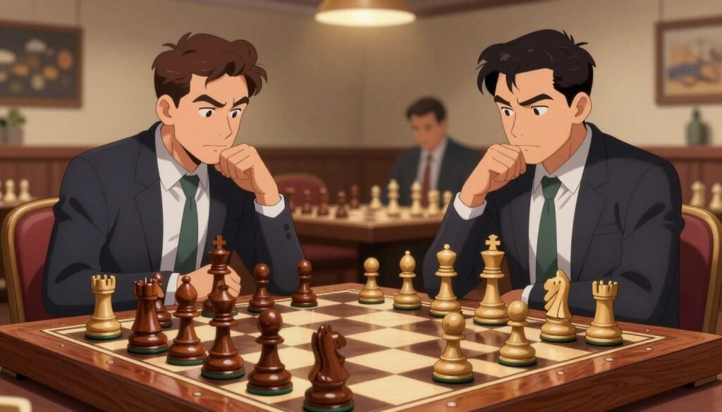 A high-resolution illustration depicting a chessboard in the foreground, showcasing a vibrant and dynamic position illustrating the Two Knights Defense. The chess pieces, polished wood and gleaming metal, are sharply contrasted against a richly textured board with deep colors. In the middle ground, the scene captures an intense game between two focused, professional chess players seated at the board, both dressed in smart, tailored business attire, embodying strategic concentration. The background is a softly blurred chess club, adorned with chess-related decor, creating an inviting atmosphere. Warm lighting bathes the scene, highlighting the players’ expressions and the intricate details of the chess pieces. The overall mood is one of challenge and intellectual engagement, resonating with a sense of tactical awareness. Created for Debsie.com. A high-resolution illustration depicting a chessboard in the foreground, showcasing a vibrant and dynamic position illustrating the Two Knights Defense. The chess pieces, polished wood and gleaming metal, are sharply contrasted against a richly textured board with deep colors. In the middle ground, the scene captures an intense game between two focused, professional chess players seated at the board, both dressed in smart, tailored business attire, embodying strategic concentration. The background is a softly blurred chess club, adorned with chess-related decor, creating an inviting atmosphere. Warm lighting bathes the scene, highlighting the players’ expressions and the intricate details of the chess pieces. The overall mood is one of challenge and intellectual engagement, resonating with a sense of tactical awareness. Created for Debsie.com.