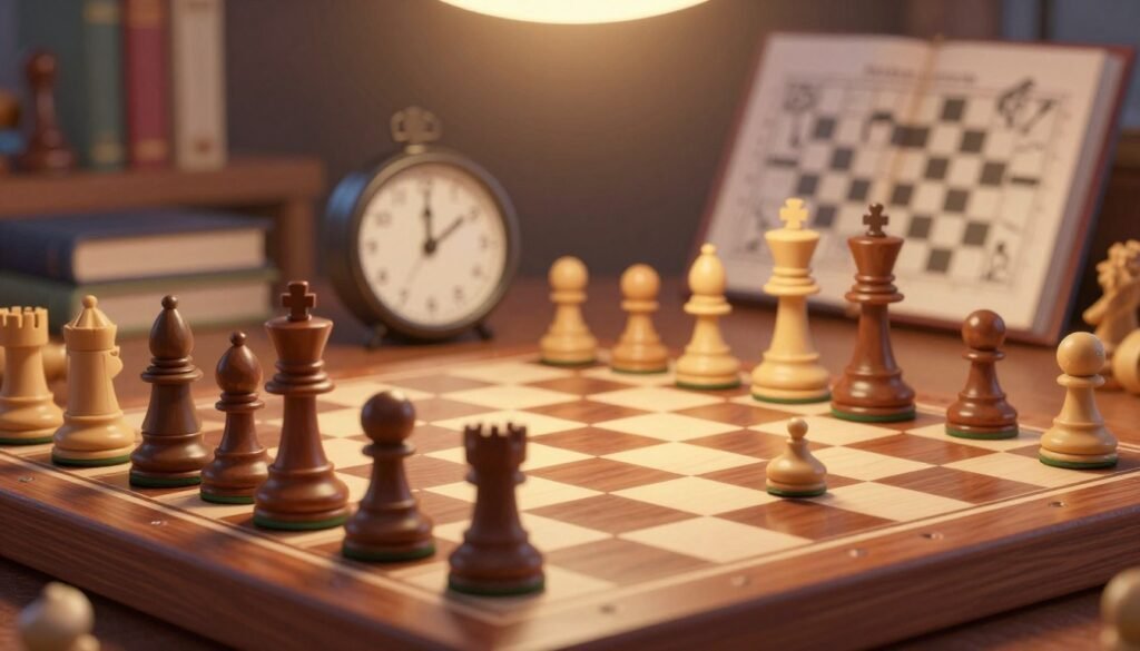 A high-resolution image showcasing intricate chess tactical patterns against a polished wooden chessboard. In the foreground, several chess pieces are strategically placed, highlighting classic tactics, such as forks, pins, and skewers. The pieces are styled in an elegant, modern design, reflecting a competitive atmosphere. In the middle ground, a blurred view of a chess clock signals the fast-paced nature of blitz games, lending urgency to the scene. The background features soft-focus chess-themed books and diagrams, enhancing the scholarly feel. The lighting is warm and inviting, with a slight overhead glow that emphasizes the details of the chess pieces while casting subtle shadows. The overall mood is focused and intense, ideal for engaging chess enthusiasts. Please include the brand name "Debsie.com" in the composition.