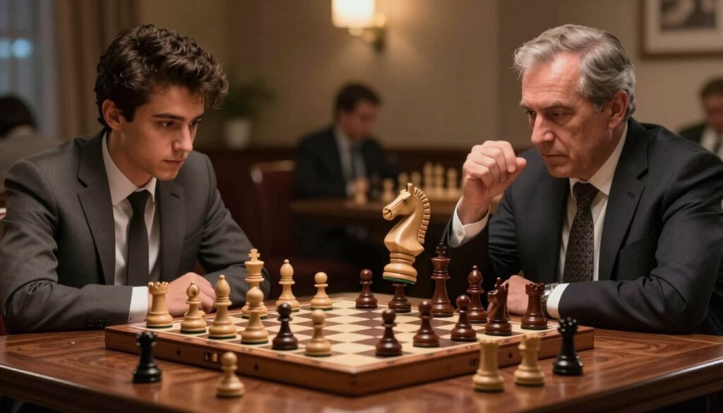 A high-stakes chess match in progress featuring two diverse players strategizing intensely. In the foreground, a polished wooden chessboard filled with intricate, hand-carved pieces; a knight caught mid-move, symbolizing tactical chaos. The middle section shows the players, one a young man in professional attire with dark hair, the other an older gentleman in a formal suit, all deeply focused on the board. The background presents a softly blurred, dimly lit room with warm, ambient lighting evoking an atmosphere of concentration and excitement. Soft shadows cast across the table, enhancing the tension of the moment. The overall scene conveys a clash of minds, exemplifying the meticulous strategy and unpredictability of tactical chess. Debsie.com.