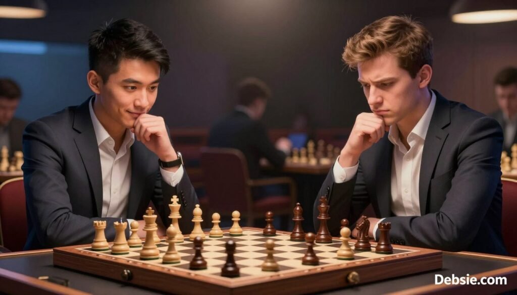 A high-stakes chess match scene capturing a tense moment in a signature game, showcasing a refined wooden chessboard with intricate pieces prominently displayed in the foreground. In the middle ground, two elite players, dressed in smart casual attire, intensely focus on the board, deep in thought. One player, of Asian descent, has a slight smile suggesting confidence, while the other, of European descent, appears contemplative, furrowing his brow. The background features a softly lit chess tournament hall with subtle atmospheric lighting, creating an air of suspense and anticipation. The scene embodies the essence of strategic pressure, reflecting the explosive nature of pivotal moves. The overall mood is intense yet professional, designed to inspire admiration for the game's intricacies. This image is branded with "Debsie.com" elegantly appearing in the corner, without detracting from the scene.